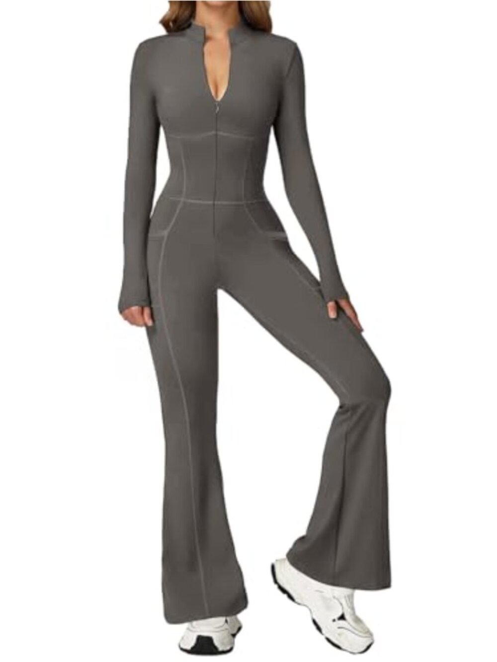 Womens One Piece Workout Jumpsuit Flared Zip Romper Pockets Slim Fit